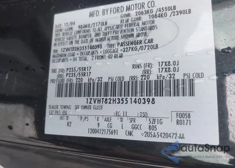 2005 Ford Mustang Gt Deluxe/Gt Premium из США, поврежденный, VIN 1ZVHT82H355140398